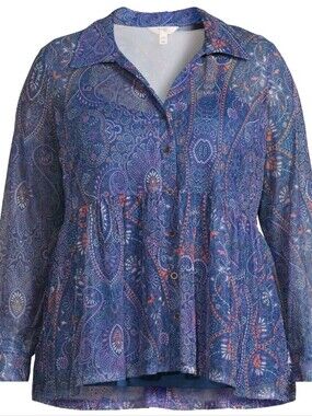 Terra & Sky Mesh Blue Paisley Button-Front Peplum Shirt